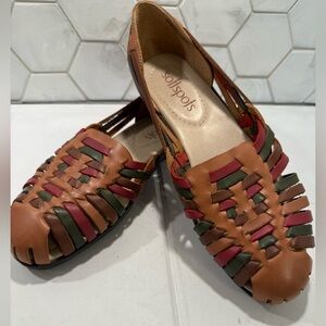 Softspots Woven Leather Flats Slipon Sz 9 Vintage Tan Red Green Boho Comfort EUC